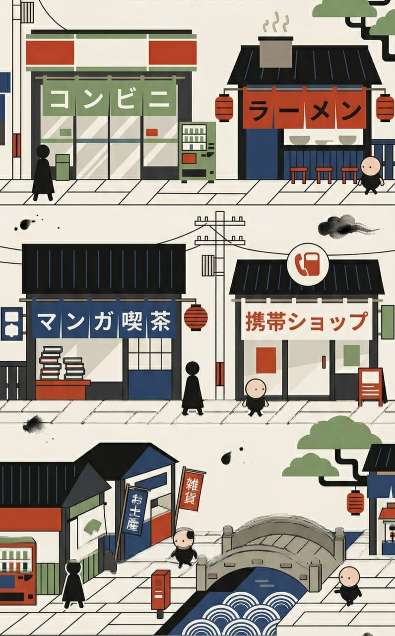 MojiMachi street — konbini, ramen shop, manga café, and more
